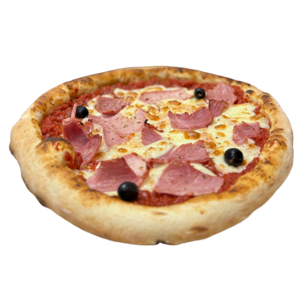 Pizza Reine, fior di latte, jambon blanc, champignons, olives noires