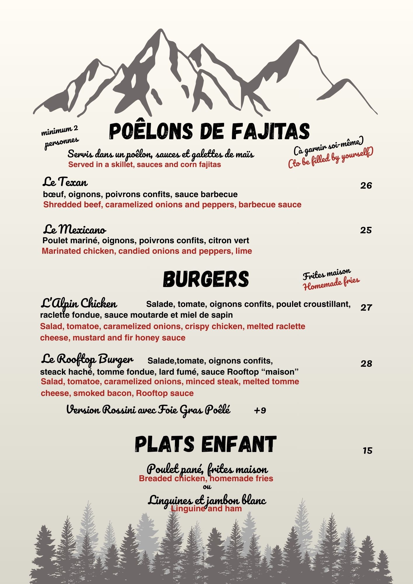 Burgers, Fajitas, Plat Enfant