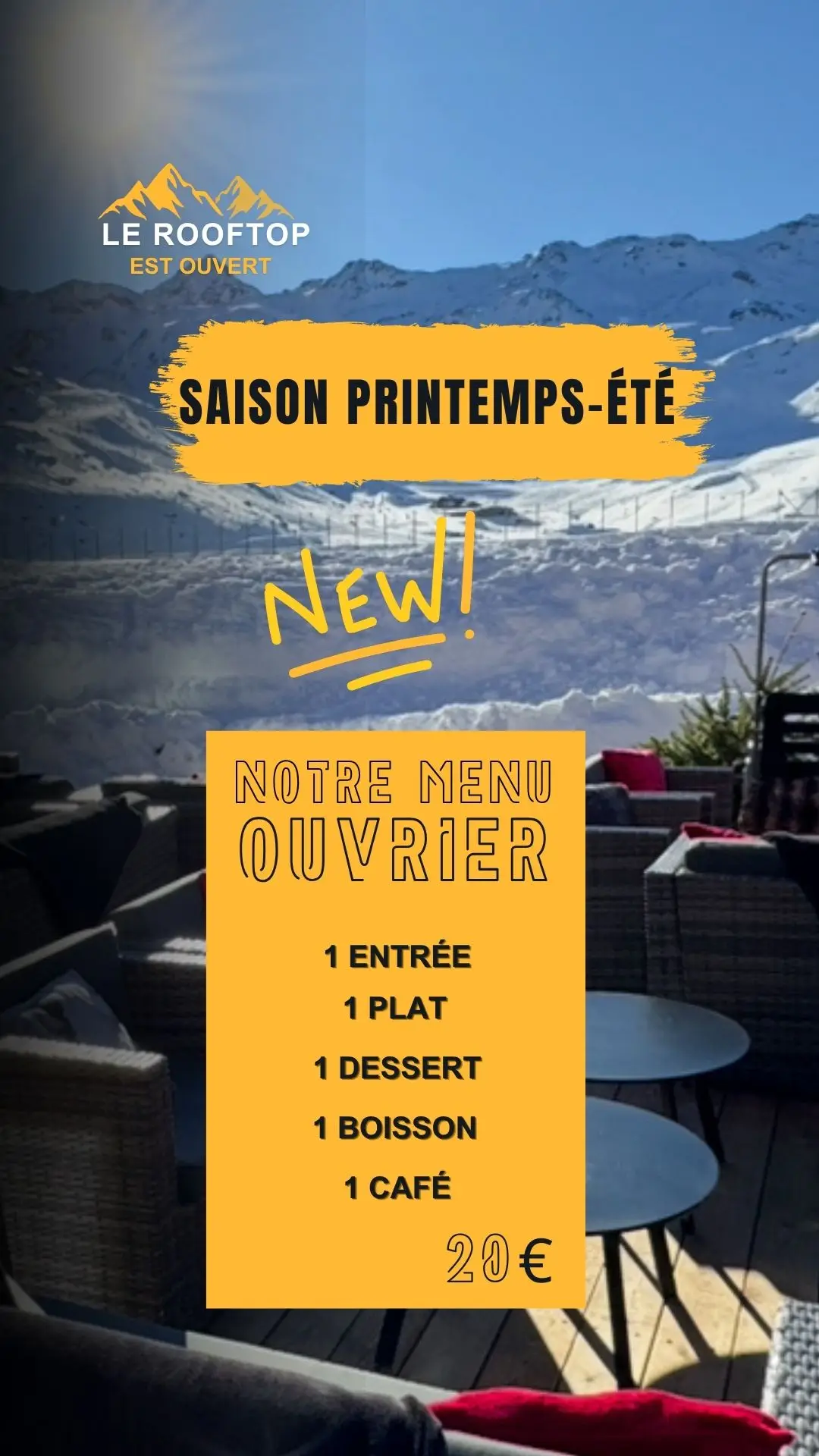 Notre menu pour la saison printemps/été. 20 euros tout compris : boisson et café inclus